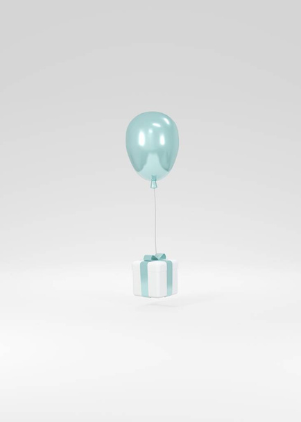 3D vykreslování koncept pohlaví odhalit, svatba, narozeniny. Realistické pastelově modré balónky plovoucí z dárkové krabice na pozadí. 3D vykreslení. 3D ilustrace. Minimální nápad. Pozvánka. - Fotografie, Obrázek