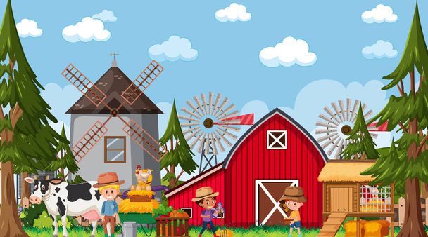 多くの子供の漫画のキャラクターや農場の動物のイラストと農場のシーン - ベクター画像