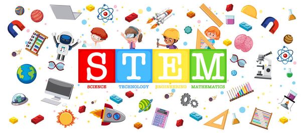 Πολύχρωμο λογότυπο εκπαίδευσης STEM με εικονογράφηση στοιχείων εκμάθησης - Διάνυσμα, εικόνα