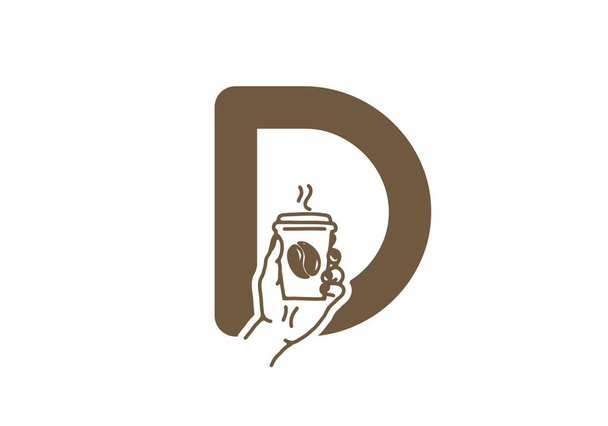 Brown color of D initial letter with line art coffee cup design - Vettoriali, immagini
