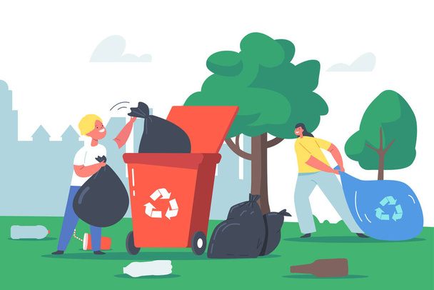 Kinderen Recycling Garbage, Kinderen Karakters Schoonmaken Tuin Verzamel afval in prullenbak en prullenbak met Prullenbak Sign - Vector, afbeelding
