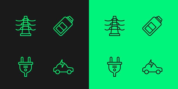Imposta linea Auto elettrica, spina, linea di torre e icona di carica della batteria. Vettore - Vettoriali, immagini