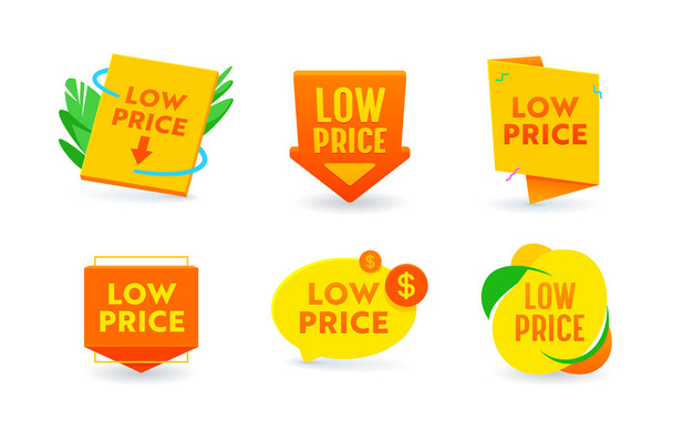 Набір іконок Промо-пропозиція низької ціни, покупки та продаж ізольовані теги, зменшення вартості, дисконтна етикетка. Ціна вимкнена Акція
 - Вектор, зображення