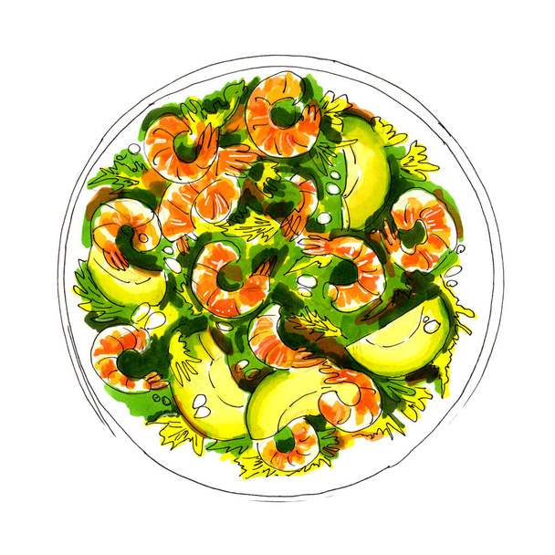 illustration with markers plate with salad shrimp avocado arugula - Photo, Image