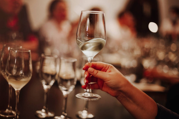 Vasos con diferentes tipos de vino y manos humanas sosteniendo copas de vino en el fondo. Vino de degustación - Foto, imagen
