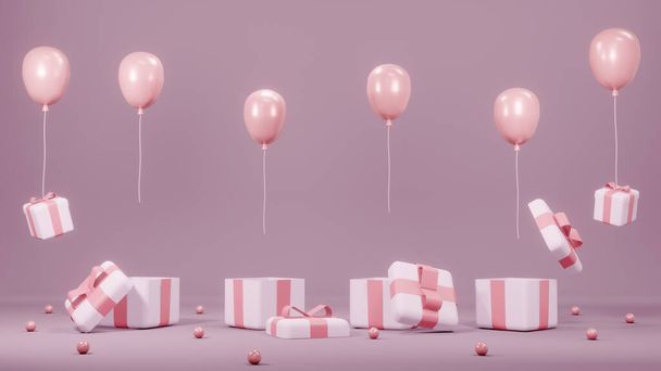 3D Αποτύπωση έννοια των κιβωτίων δώρων, μπαλόνια που επιπλέουν για εμπορική σχεδίαση. Ροζ Θέμα. 3D απόδοση. - Φωτογραφία, εικόνα