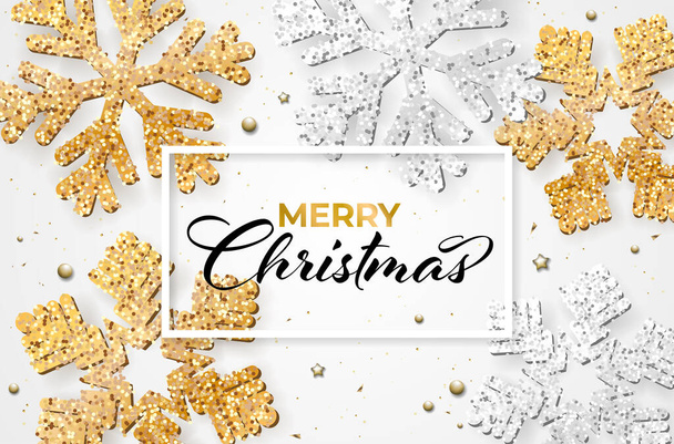 Весёлая рождественская открытка с абстрактными блестящими золотыми и серебряными снежинками - векторная иллюстрация - Вектор,изображение