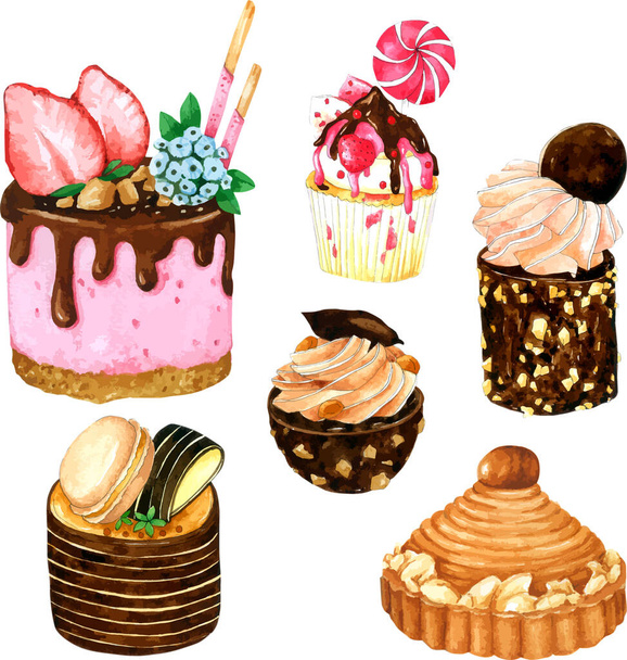 水彩ケーキのセット。グリーティングカード、パッケージ、ベーカリーショップなどのために描かれたベクトル水彩、手 - ベクター画像