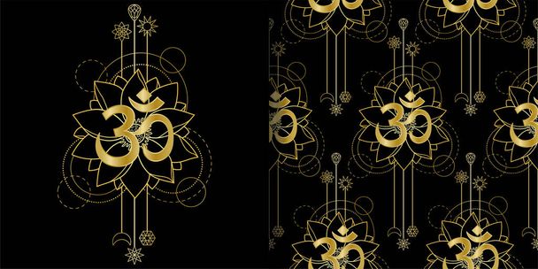 Om and Lotus geometric print and seamless pattern set - Vetor, Imagem