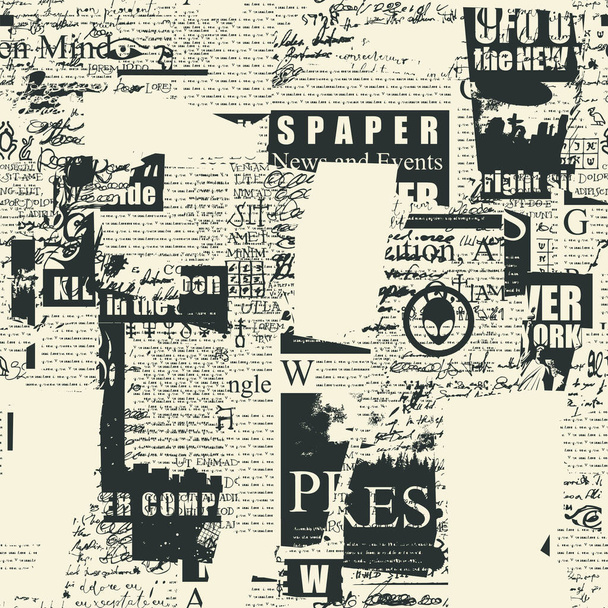 Abstract seamless pattern with old newspaper clippings and unreadable scribbles. Chaotic vector background with illegible text and titles in grunge style.Suitable for wallpaper, wrapping paper, fabric - Vektori, kuva