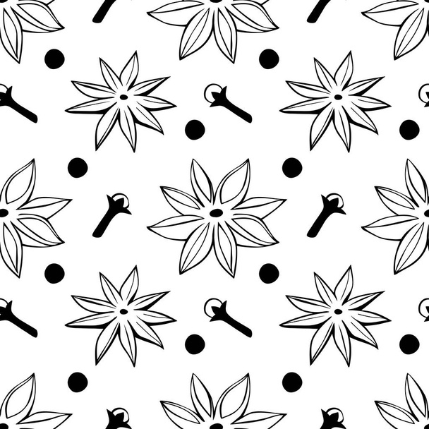 Vector seamless pattern of star anise, carnation, pepper in doodle style. Background or texture of seasonings, food additive, spices - Vektör, Görsel