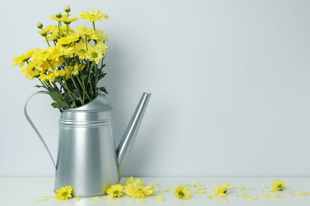 Watering can with chrysanthemums against light background. - Foto, imagen