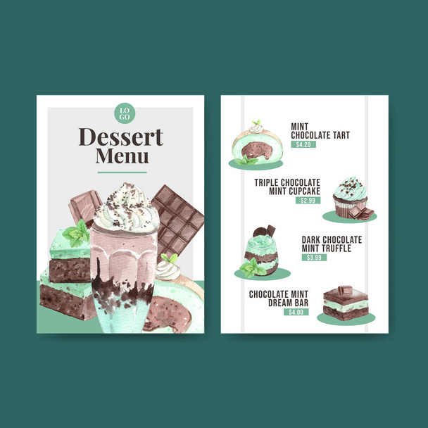 Menu template with chocolate mint dessert concept,watercolor styl - Вектор, зображення