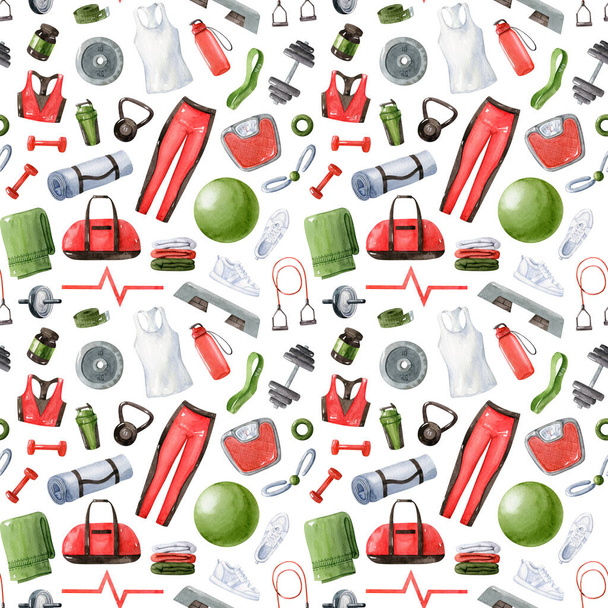 Female gym accessories and equipment-watercolor seamless pattern. Sport concept. Hand drawn illustration. Perfect for fabrics, wrapping paper, backgrounds, stationery, blogs. - Photo, Image