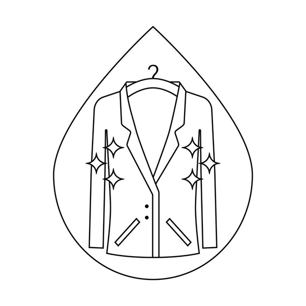 Dry cleaning clothes and laundry icon and symbol. A clean suit jacket hangs on a hanger. Outline linear vector illustration and clipart on white background. - Vector, Image