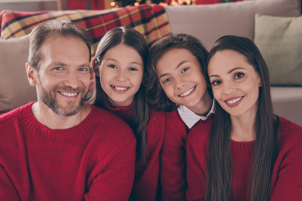 Photo of mommy daddy sister brother enjoy xmas time spirit advent party dream december winter jolly holly indoors - Foto, imagen