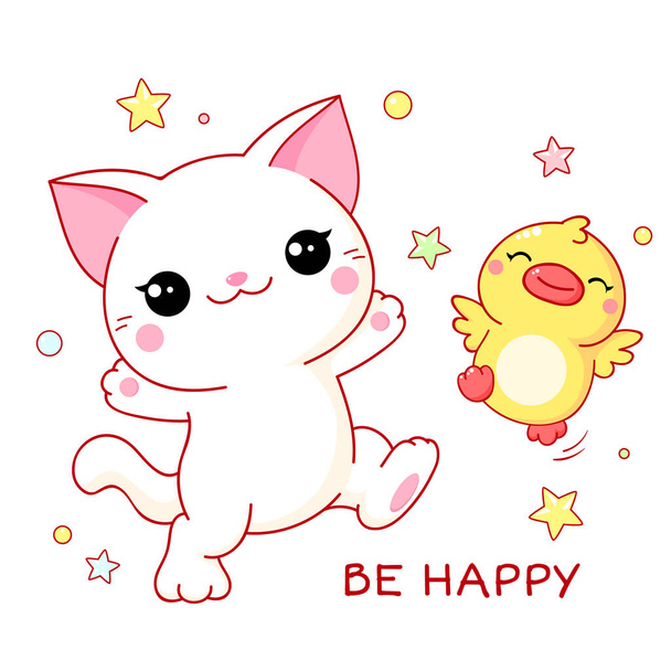Square greeting card with kawaii cat and duckling. Two cute friends kitten and duck have fun and rejoice. Inscription Be Happy. Vector illustration EPS8 - Wektor, obraz