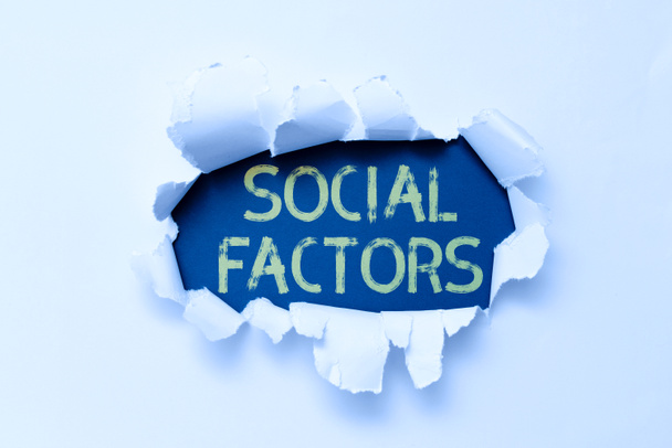 Text showing inspiration Social Factors. Business overview Things that influences lifestyle Cultural Differences Tear on sheet reveals background behind the front side - Photo, Image