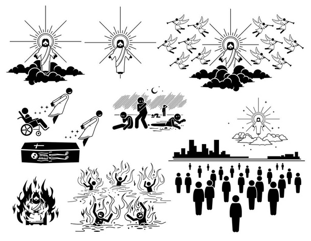 Second Coming and Resurrection in Judgement Day or Final Last Day. Vector illustration depicts Jesus arrival back to Earth to raise and restore all mortal body to life again. - Vector, Image