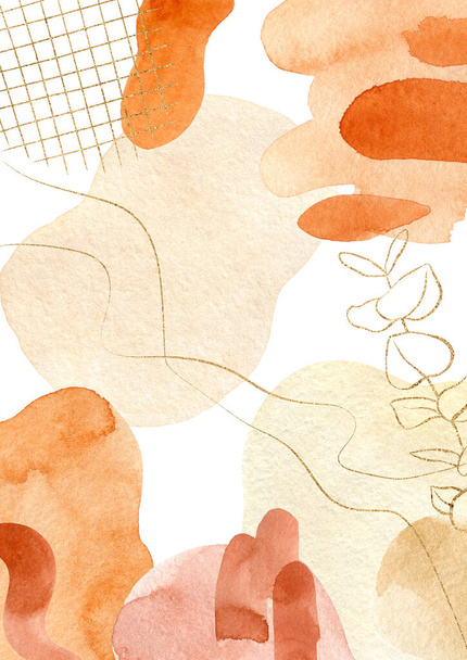 Abstraktní akvarel pozadí s organickými tvary, tahy a zlaté prvky: eukalyptus, čáry a tečky. Ručně kreslená svislá ilustrace. Zemitá paleta barev: červená, okrová, terakotová, oranžová. - Fotografie, Obrázek