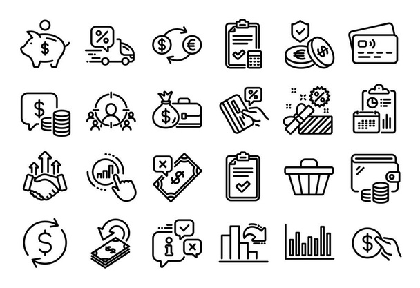 Vector set of Salary, Coins and Delivery discount line icons set. Calendar report, Money wallet and Credit card tag. Decreasing graph, Rejected payment and Piggy bank icons. Vector - Wektor, obraz