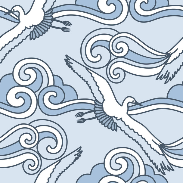 Vector seamless pattern with abstract waves of clouds and flying cranes Cloudy sky and birds - Vektor, Bild