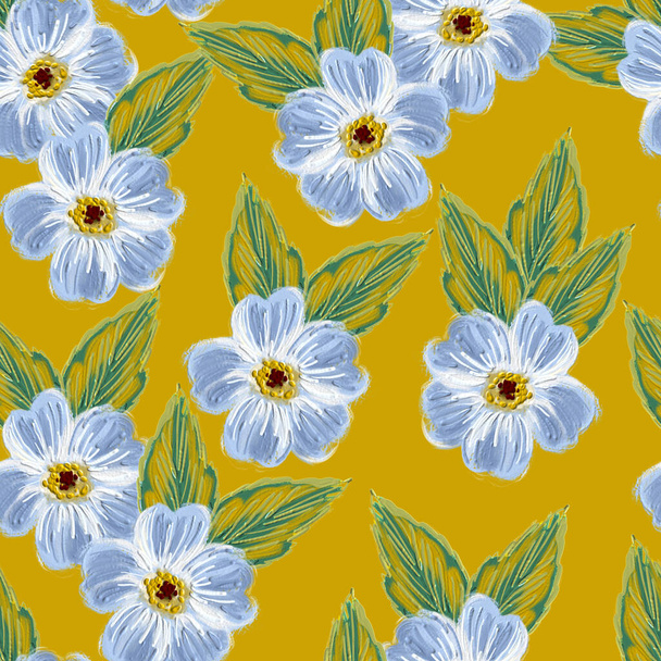 黄色の背景に野生の青い花とシームレスなパターン - 写真・画像