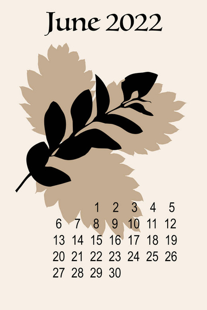 Kesäkuun 2022 kalenterikortti. Tulostettava pystysuora seinäkalenteri, viikko alkaa maanantaina. - Valokuva, kuva