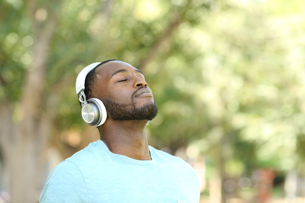 Happy black man listening audio guide and breathing fresh air in a park - Foto, Bild