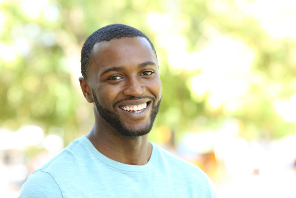 Portrait of a happy black man smiling at camera in a park - Fotografie, Obrázek