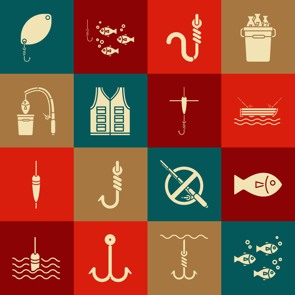 Set de pescado, barco de pesca con caña de pescar en el agua, gancho y gusano, chaqueta, cuchara y flotador icono. Vector - Vector, Imagen