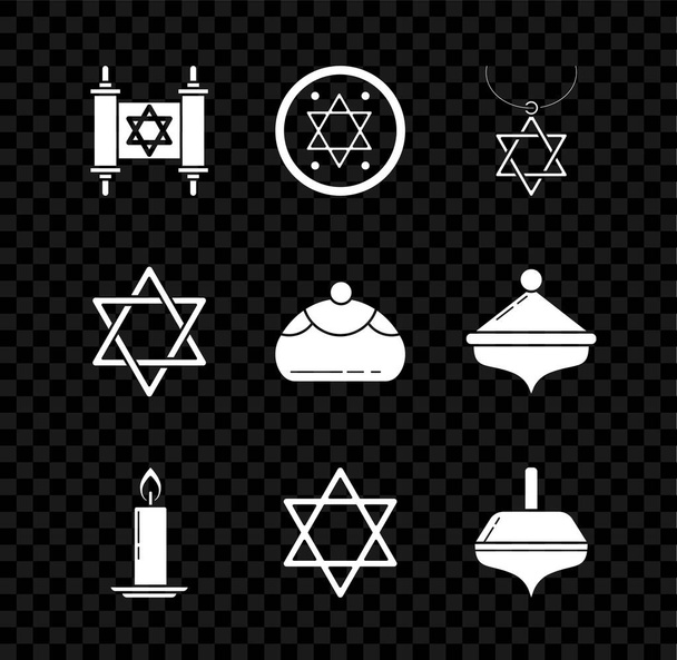 Conjunto de desplazamiento de la Torá, moneda judía, Estrella de David collar en cadena, candelabro de vela ardiente, jánuca dreidel, y dulce icono de la panadería. Vector - Vector, Imagen