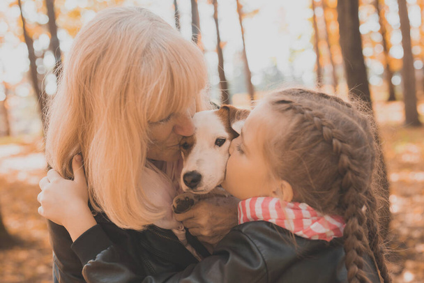 Grandmother with granddaughter in autumn park, girl hugging grandmother and her jack russell terrier dog. Generations, pet and family concept. - Photo, Image