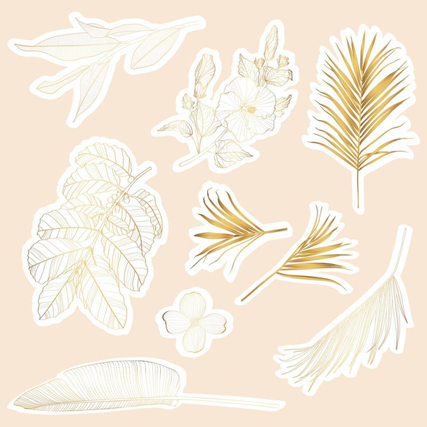 Set of cute hand drawn stickers plants, flowers, branches. Elegant vintage golden elements. - Vector, Image