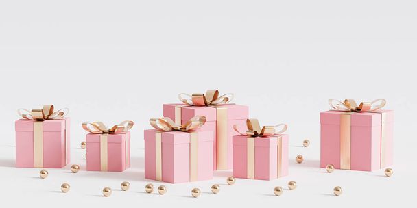 Ροζ κουτιά δώρου με χρυσή κορδέλα σε λευκό φόντο, 3d καθιστούν - Φωτογραφία, εικόνα