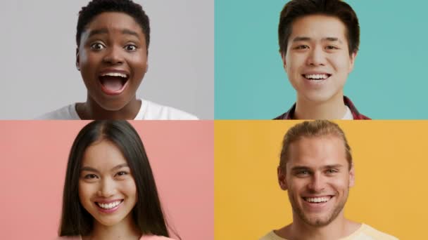 Коллаж с веселыми мультикультурные люди улыбаются на красочные пастельные фоны - Кадры, видео