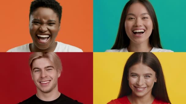 Feliz Diverso Millennials mujeres y hombres sonriendo sobre fondo colorido - Imágenes, Vídeo