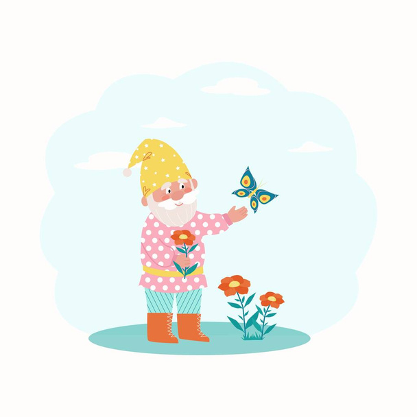 Little dwarf catching a butterfly. Vector characters in flat style - Vector, Image