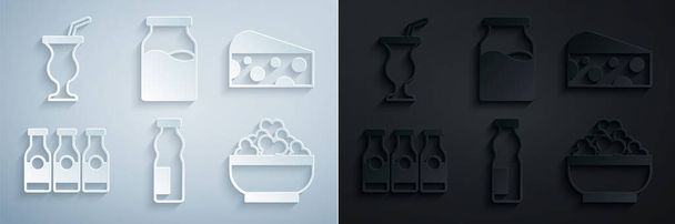 Set Yogur para beber en botella, Queso, Botella con leche, Queso Cottage e icono de batido. Vector - Vector, Imagen