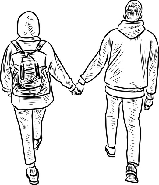 Outline drawing of couple young citizens walking outdoors together - Vector, afbeelding