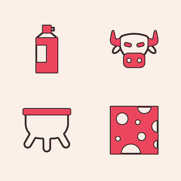 Set Formaggio, panna montata in bottiglia, testa di mucca e icona Udder. Vettore - Vettoriali, immagini
