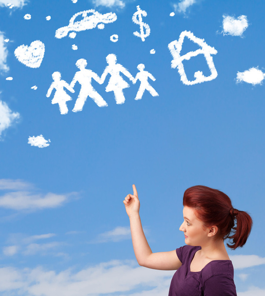 νεαρό κορίτσι ονειροπόληση με την οικογένεια και το νοικοκυριό σύννεφα  - Φωτογραφία, εικόνα