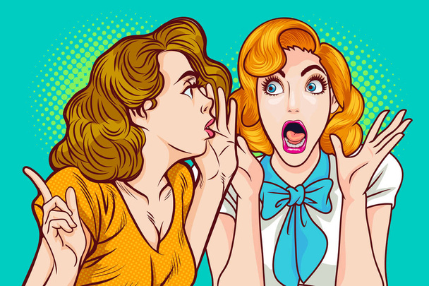 Γυναίκα ψιθυρίζει κουτσομπολιά ή μυστικά στο φίλο της σε ρετρό στυλ ποπ αρτ κόμικ - Διάνυσμα, εικόνα