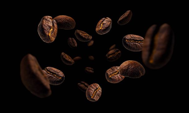 Chicchi di caffè levitare su uno sfondo nero. - Foto, immagini