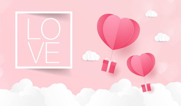 heart shaped air balloons flying with present boxes - Vector, afbeelding
