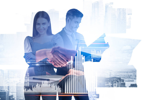 Businesswoman smiling, businessman with clipboard, handshake and contract. Bar chart and programming, double exposure with skyscrapers. Concept of business deal - Foto, immagini