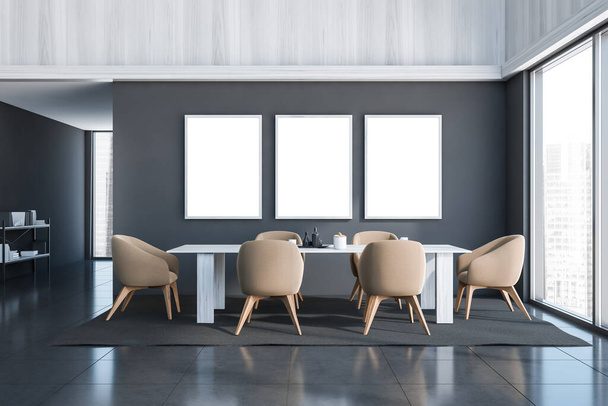 Three empty canvases in the grey dining room interior with beige chairs, a table and a sideboard in a hallway. Tiled floor. A concept of modern home and hotel design. 3d rendering - Foto, imagen