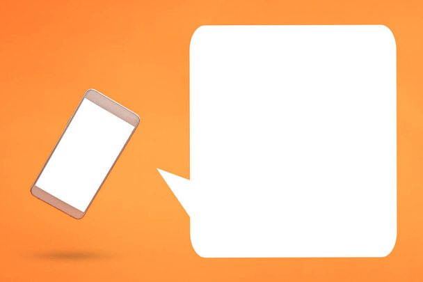 Leere weiße Sprechblase mit grauem 3D-Smartphone-Symbol vor orangefarbenem Hintergrund. 3D-Illustration kopiert Design von Raumschablonen. Top-Handy-Nachricht. Werbeidee. Leerer Sprechballon für Werbung - Foto, Bild