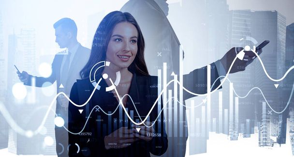 Businesswoman with phone smiling, double exposure with city buildings and bar charts. Office men with smartphone in hands, white glowing graph. Concept of online trading - Foto, Imagem