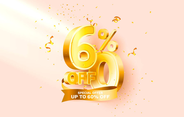 60 Off. Discount creative composition. 3d sale symbol with decorative objects, golden confetti, podium and gift box. Sale banner and poster. Vector illustration. - Vektör, Görsel